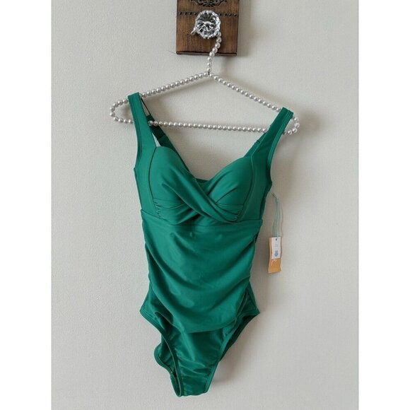 NWT Kona Sol Womens Size S Green One Piece Swimsuit Ruched Full Seat Coverage - Picture 1 of 6